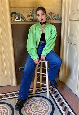 Vintage Escada Leather Bomber Jacket in acid green