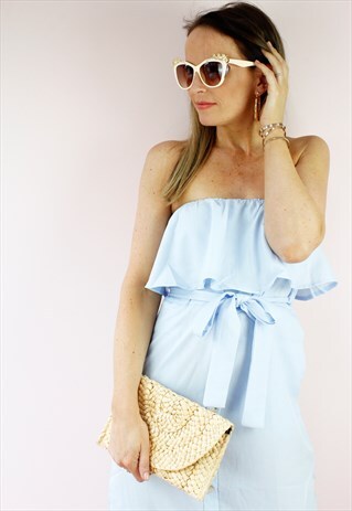 BLUE BANDEAU FRILL RUFFLE BUTTON MIDI SHIRT DRESS