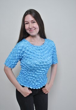 Y2k popcorn top, blue stretchy scrunch blouse 00s - MEDIUM