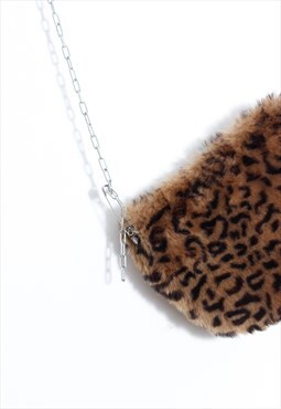 90s grunge y2k punk leopard furry silver chain mini bag