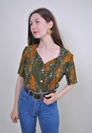 80S ABSTRACT GREEN BLOUSE, VINTAGE PATTERN BROWN SHIRT