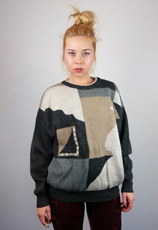 VINTAGE 80S UNISEX KNIT JUMPER/SWEATER GRAPHIC PRINT