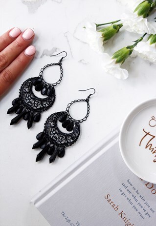 BLACK BAROQUE BEADED CHANDELIER STATEMENT EARRINGS