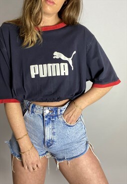Vintage Reworked Puma Cropped T-shirt in Navy
