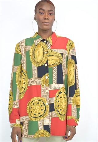VINTAGE 90S RED GREEN BLACK PRINT SHIRT