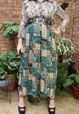 Retro 90s Green Abstract Crazy Print Pattern Festival Skirt