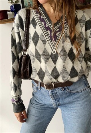 VINTAGE 80S UNISEX ABSTRACT ARGYLE KNIT JUMPER SWEATER
