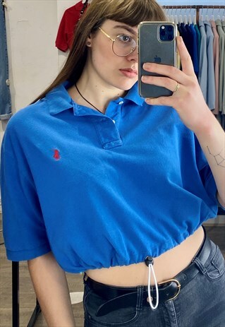 VINTAGE REWORKED RALPH LAUREN CROP TOP POLO SHIRT IN BLUE