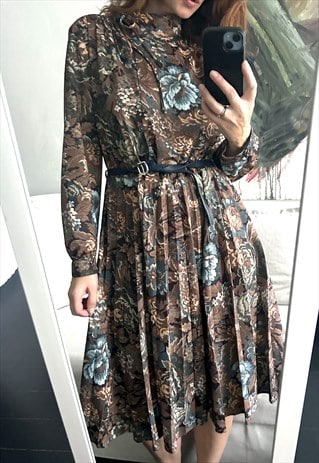 70s Brown Floral Dress - M - L