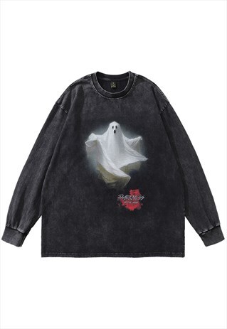 Ghost t-shirt vintage wash creepy cartoon long tee retro top
