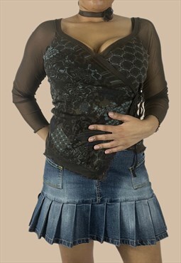 Vintage Y2K Wrap Top Double Layered Micro Mesh with Pattern 