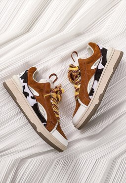 Chunky sole sneakers high platform cow print shoes in brown