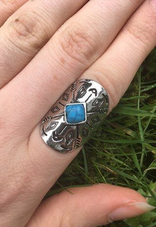 WOMENS BOHO TURQUOISE SILVER COLOUR CHUNKY TRIBAL AZTEC RING