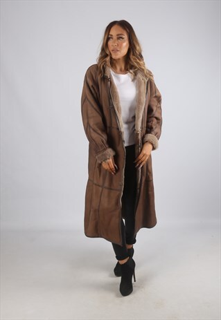 VINTAGE SHEEPSKIN LEATHER SHEARLING COAT LONG UK 14 (K9BN)