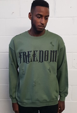KHAKI DISTRESSED SWEATSHIRT WITH FREEDOM PRINT