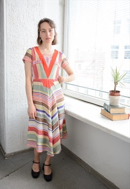 Vintage 70's Multicolour Striped Short Sleeved Midi Dress