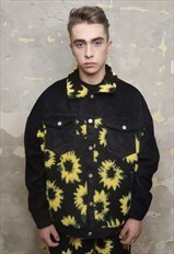 Reworked floral print jacket daisy fleece patch bomber black