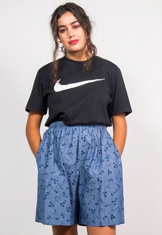 90'S VINTAGE BLUE FLORAL PATTERN SUMMER SHORTS CULOTTES