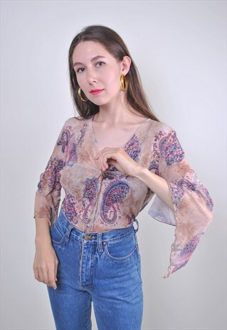 80S BROWN WOMEN BUTA PRINT LACE BLOUSE, SIZE S