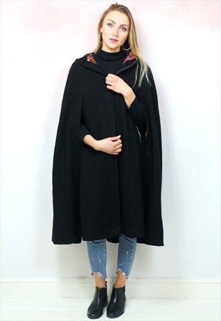 1980S VINTAGE BLACK CAPE ZIP UP WOOL COAT