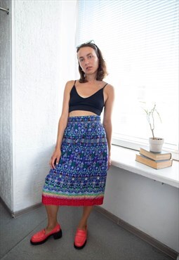 Vintage 70's Blue Midi High Waisted Patterned Skirt