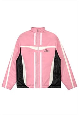 Pink racing jacket faux leather motorsports bomber striped