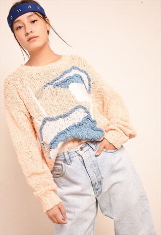 90'S RETRO PEACH PASTEL GRAPHIC EMBROIDERED KNIT JUMPER