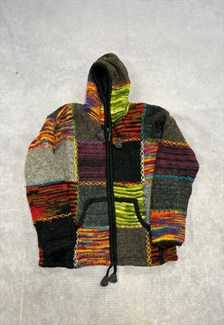 VINTAGE KNITTED JACKET ABSTRACT PATTERNED CHUNKY KNIT HOODIE