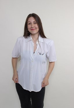 90s embroidered white blouse, vintage short sleeve cotton 