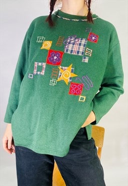 Vintage 90s Green Abstract Pattern Embroidered Sweatshirt 