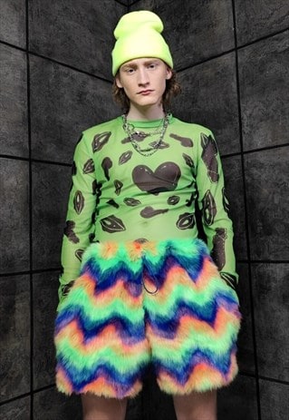 Faux fur rainbow shorts handmade fleece overalls in green