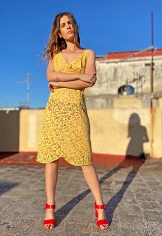 VINTAGE 70S SHEER FLORAL SLIP DRESS YELLOW