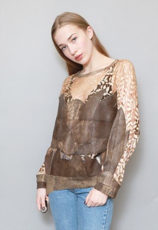 VINTAGE 1970'S BROWN LEATHER AND CREAM LACE JUMPER