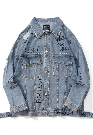 KALODIS LETTER GRAFFITI BEADED RIPPED DENIM JACKET