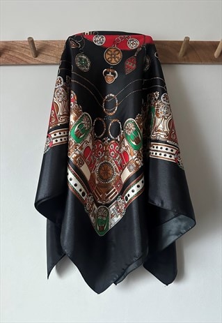 80's Vintage Black Baroque Gilt Large Scarf