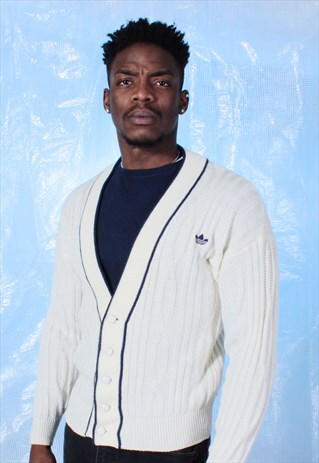 VINTAGE ADIDAS CREAM AND NAVY KNITTED EMBROIDERED CARDIGAN