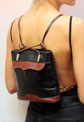 1990S VINTAGE TAN BROWN AND BLACK REAL LEATHER BACKPACK