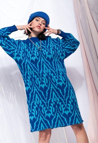 VINTAGE KNIT DRESS 80S PSYCHEDELIC PATTERN MIDI JUMPER DRESS