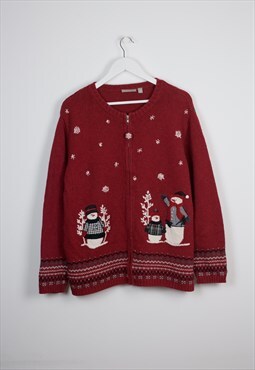 Vintage Christmas Jumper 90's Era Festive Snowmen Zip Up 
