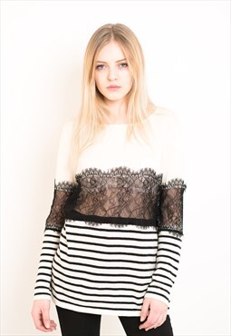 Black white stripe with eyelet lace knitted jumper top 
