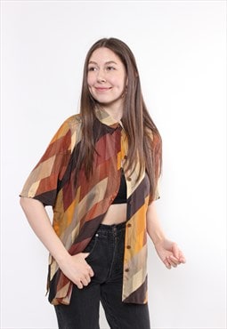 90s multicolor brown blouse, vintage causal short sleeve top