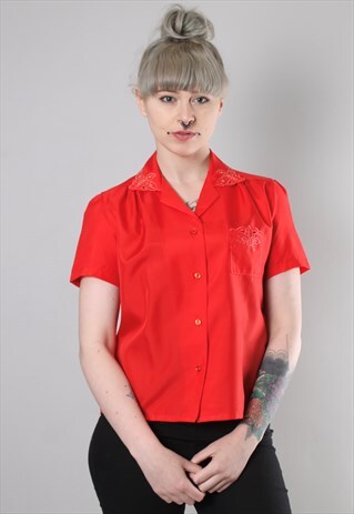 VINTAGE 80S RED SATIN EMBROIDERED BLOUSE