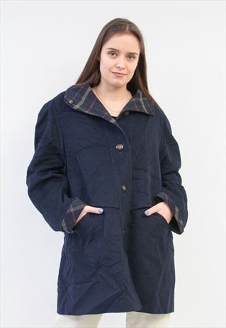 VINTAGE 80'S WOMEN'S L XL WOOL COAT JACKET BLUE OVERCOAT