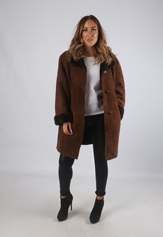 VINTAGE SHEEPSKIN SUEDE SHEARLING COAT SHORT MID UK 16 (9BA)