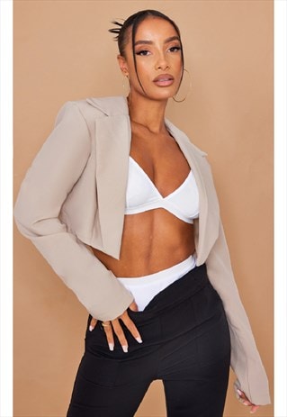 STONE BASIC SEAM DETAIL WOVEN CROPPED BLAZER