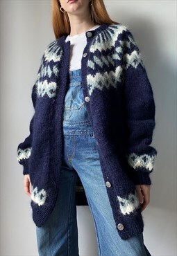 Vintage Hand Knitted Wool Navy Fairisle Cardigan Size Medium