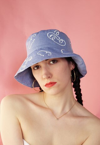 LINE DRAWING FACE PRINT BUCKET SUMMER HAT CAP - DENIM BLUE