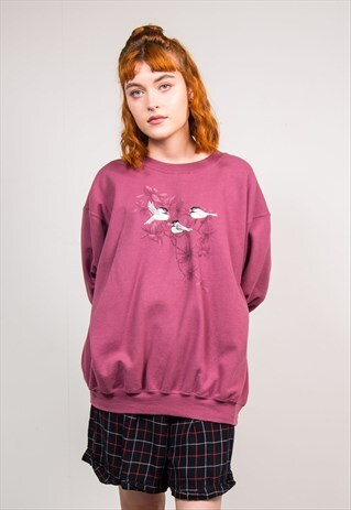VINTAGE 90'S PURPLE EMBROIDERED BIRD CUTE ANIMAL SWEATER
