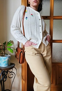 Retro 80s white embroidered knit buttons down cardigan top