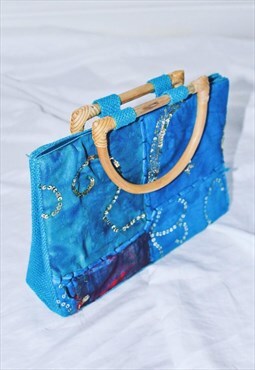Vintage bag holdall wooden handles blue sequin rare one size